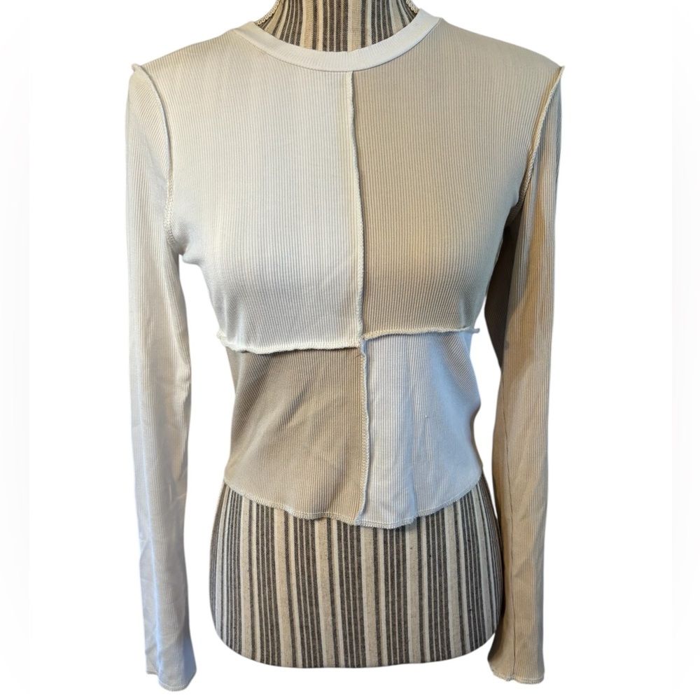 Fitz + Eddi Crop Top Large 2-Tone Colorblock Long Sleeve Beige & White Y2K Vibe